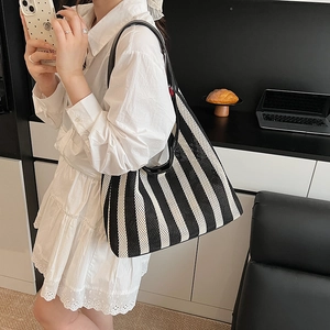 Nautical striped mesh tote bag with black leather straps for summer casual daily use