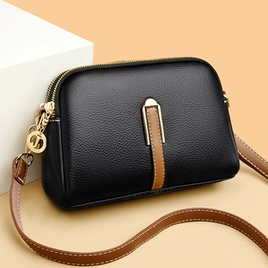 Women Crossbody Bag PU Leather Litchi Quilted Textured Shell Shape Multi Layer Zipper Shoulder Purse Elegant Bag