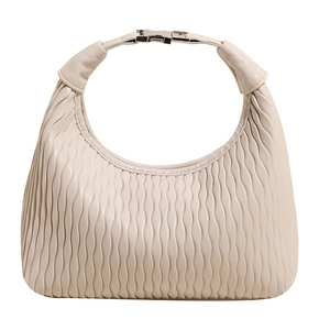 Chic beige pleated leather crescent shoulder bag with wavy texture and silver buckles