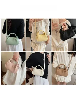 Collage of chic pleated leather handbags in multiple colors worn as crossbody bags
