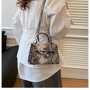Detailed view of the gray snakeskin texture and metal lock on the trapezoid handbag