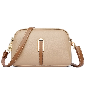 Minimalist light khaki shell crossbody bag with dark brown strap and gold metal buckle