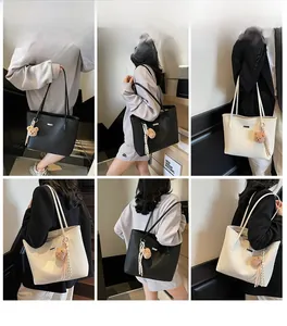 Chic tote bag set with woven texture and bear charm shown in various lifestyle poses