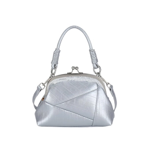 Retro silver frame handbag with geometric texture and white lace trim detail