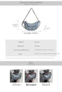 Vue détaillée du sac croissant en denim avec chaîne argentée et spécifications de taille