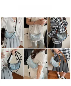 Collage de styles pour sac demi-lune bleu clair avec chaîne et diverses tenues