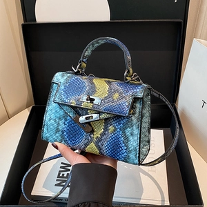Retro Kelly style handbag with blue snake pattern and yellow-green accents for women
