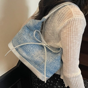 Women Denim Tote Bag Y2K Sweet Cool Style Shimmer Bowknot Decor Underarm Shoulder Handbag Silver PU Leather Trim