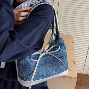 Y2K denim tote bag with silver bow accent and white polka dots for women daily wear