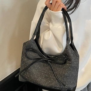 Large capacity black denim tote bag with white polka dots and leather bow decoration
