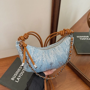 Sac Bandoulière Hobo En Jean À Paillettes Pour Femmes Avec Bandoulière Nouée Chaîne Argentée Forme Croissant
