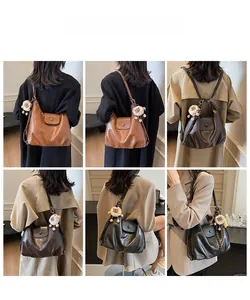 Collage of model wearing a vintage pleated tote bag with woven sides and plush charm