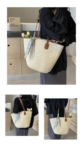 Detailed macro of fine woven straw texture and premium brown PU leather straps on a tote bag