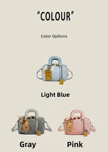 Boston style handbags in light blue, grey and pink textured leather with top handles