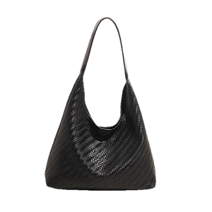 Elegant black woven leather hobo shoulder bag with a minimalist woven texture design