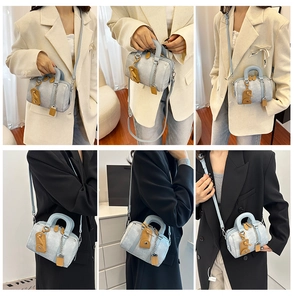 Collage of light blue Boston bag worn with different outfits showing styling options