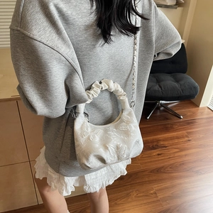 White embroidered butterfly handbag with pleated handle and metal chain strap for women