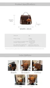Detailed spec sheet of PU leather backpack showing dimensions and multiple carrying styles