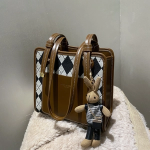 Argyle Patchwork PU Leather Fabric Tote Handbag Retro Style Women Shoulder Bag With Cute Rabbit Plush Charm Daily Use