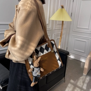 Fashionable rhombus pattern tote bag with rabbit charm and leather shoulder strap