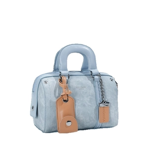 Light blue denim texture Boston handbag with leather handles and silver hardware