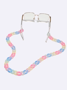 Detail of colorful acrylic eyeglass chain with pastel links and anti-slip silicone loops