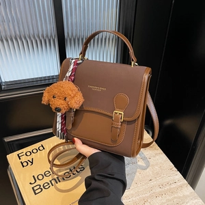 Retro PU Leather Crossbody Bag Color Block Patchwork Shoulder Handbag With Plush Dog Charm For Women Fashion Satchel