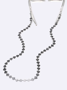 Silver stainless steel eyewear chain with hollow heart links and rose pattern engravings