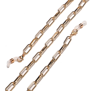 Golden oval link eyewear chain with textured metal rings and rubber adjusters