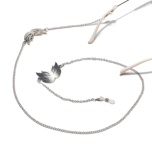 Silver punk style eyewear chain with wing pendants and adjustable rubber loops