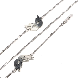 Silver eyewear chain with wing pendants and non-slip rubber loops on white background