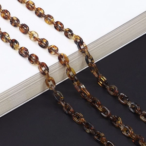 Detail of amber translucent acrylic eyeglass chain showing leopard pattern resin links