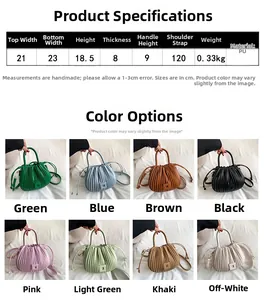 Information chart showing 8 colors and size specifications for pleated PU bucket bags