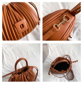 Detailed views of brown pleated bucket bag showing texture, gold hardware and interior
