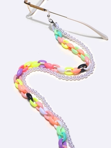 Detail of colorful acrylic eyeglass chain with faux pearls and silver lobster clasps