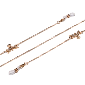 Gold punk glasses chain with rhinestone bird charms and adjustable silicone loops