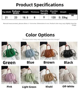 Detailed size chart and multi-color options for the ruched PU leather bucket handbag