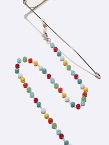 Detail of colorful faceted crystal beads eyewear chain with gold lobster clasps and loops
