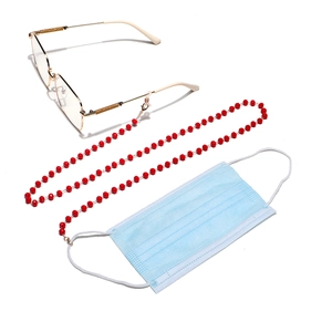 Detail showing red crystal beads and anti-slip rubber loops for glasses chain lanyard