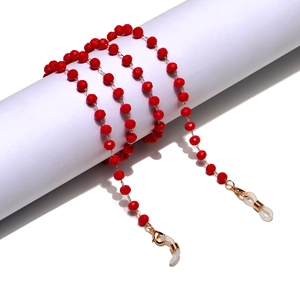 Handmade red crystal beaded eyewear chain with gold lobster clasps and non-slip loops
