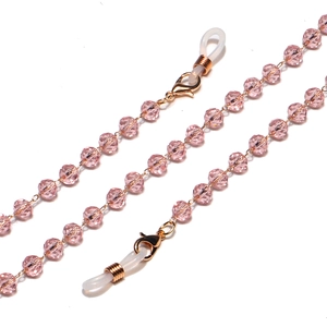 Detail of pink crystal beaded glasses chain with rose gold lobster clasp and silicone loop