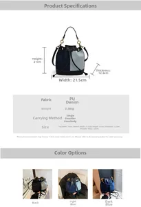 Detail view of denim bucket bag showing dimensions 21x21.5x12.5cm and material specs