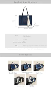 Detailed size specifications and multiple color options for the denim tote bag