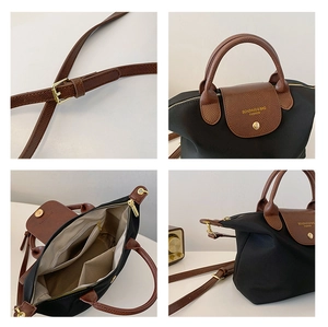 Detailed views of nylon tote bag showing leather strap, buckle, and interior pockets