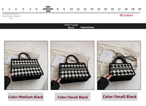 Detailed comparison of three sizes of checkerboard tote bags with handles and straps