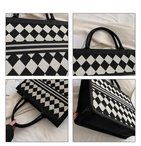 Close-up views of argyle knit tote bag showing thick texture and striped strap details