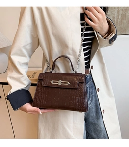 Detail of dark brown crocodile embossed Kelly handbag with silver turn-lock and chain strap