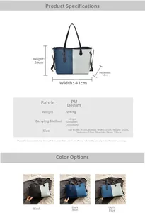 Detailed size chart and specifications for large denim tote bag with color blocking design