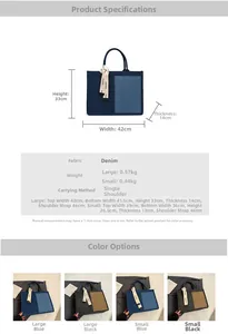 Detailed size chart for denim tote bags showing dimensions for large and small models