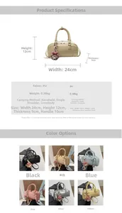 Detailed size chart and multi-color options for large capacity Boston handbag